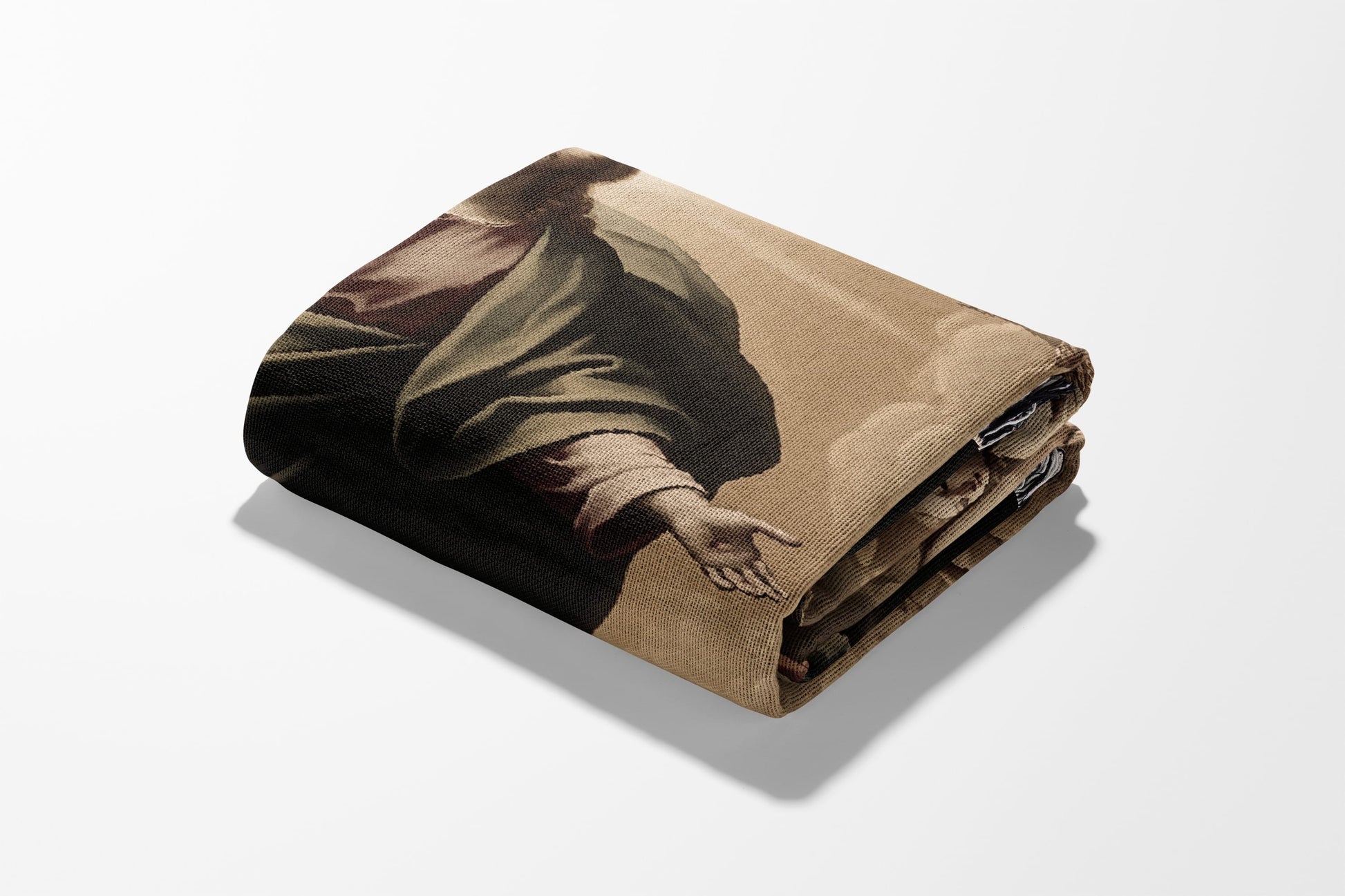 Folded tapestry depicting a hand reaching out from a draped figure.