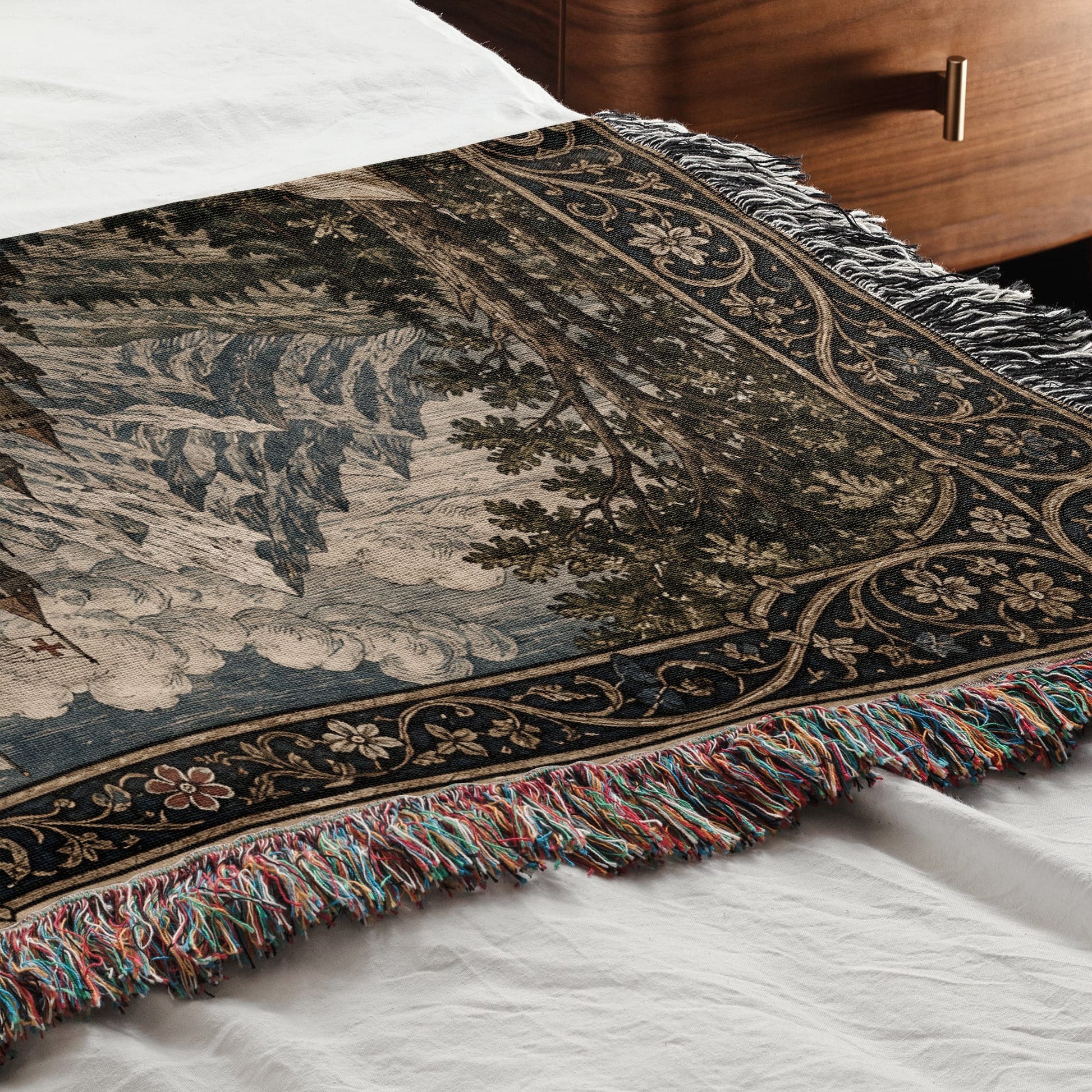 MyDesigns Castle Tapestry Blanket – Medieval Mountain Castle Woven Throw, Templar Banners jacquard woven blanket