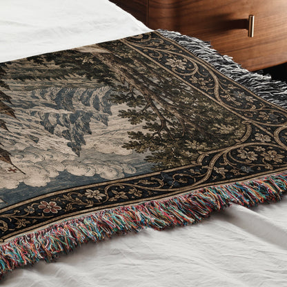 MyDesigns Castle Tapestry Blanket – Medieval Mountain Castle Woven Throw, Templar Banners jacquard woven blanket
