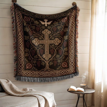 Ornate Cross Design with Dove Tapestry Wall Hanging