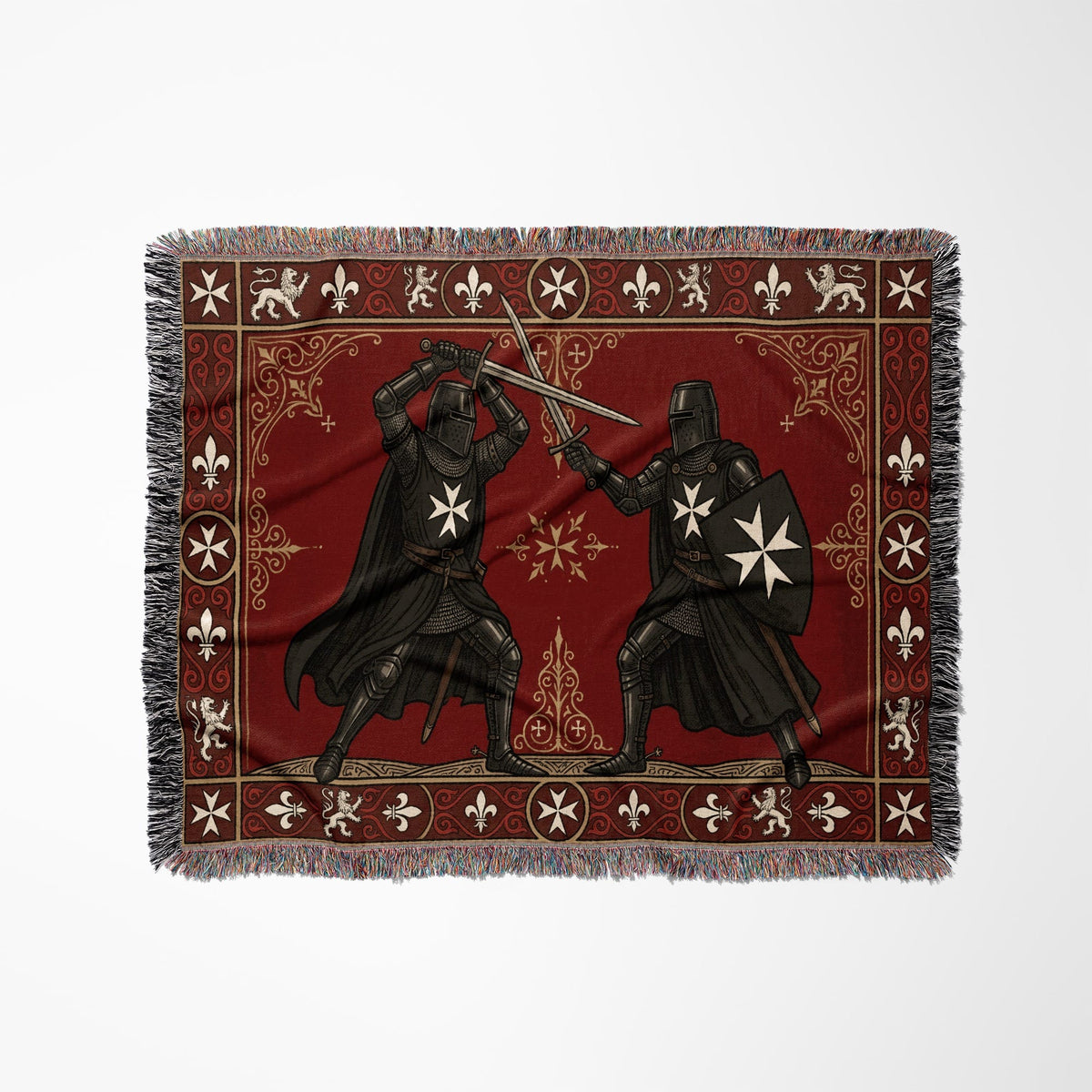 CalmNestStyle Hospitaller Knights Duel Cream Heraldic Border Woven Blanket jacquard woven blanket