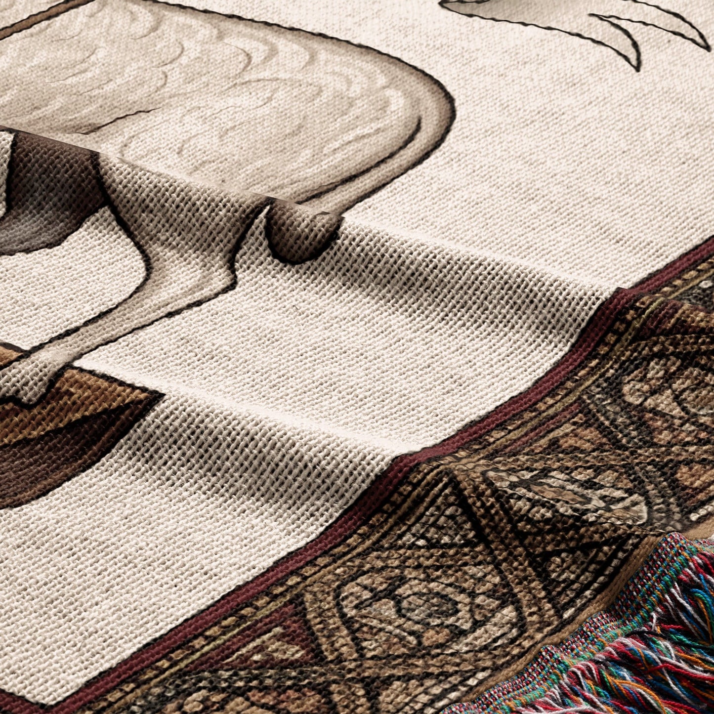 Woven blanket with a close-up view of a goat and decorative border.