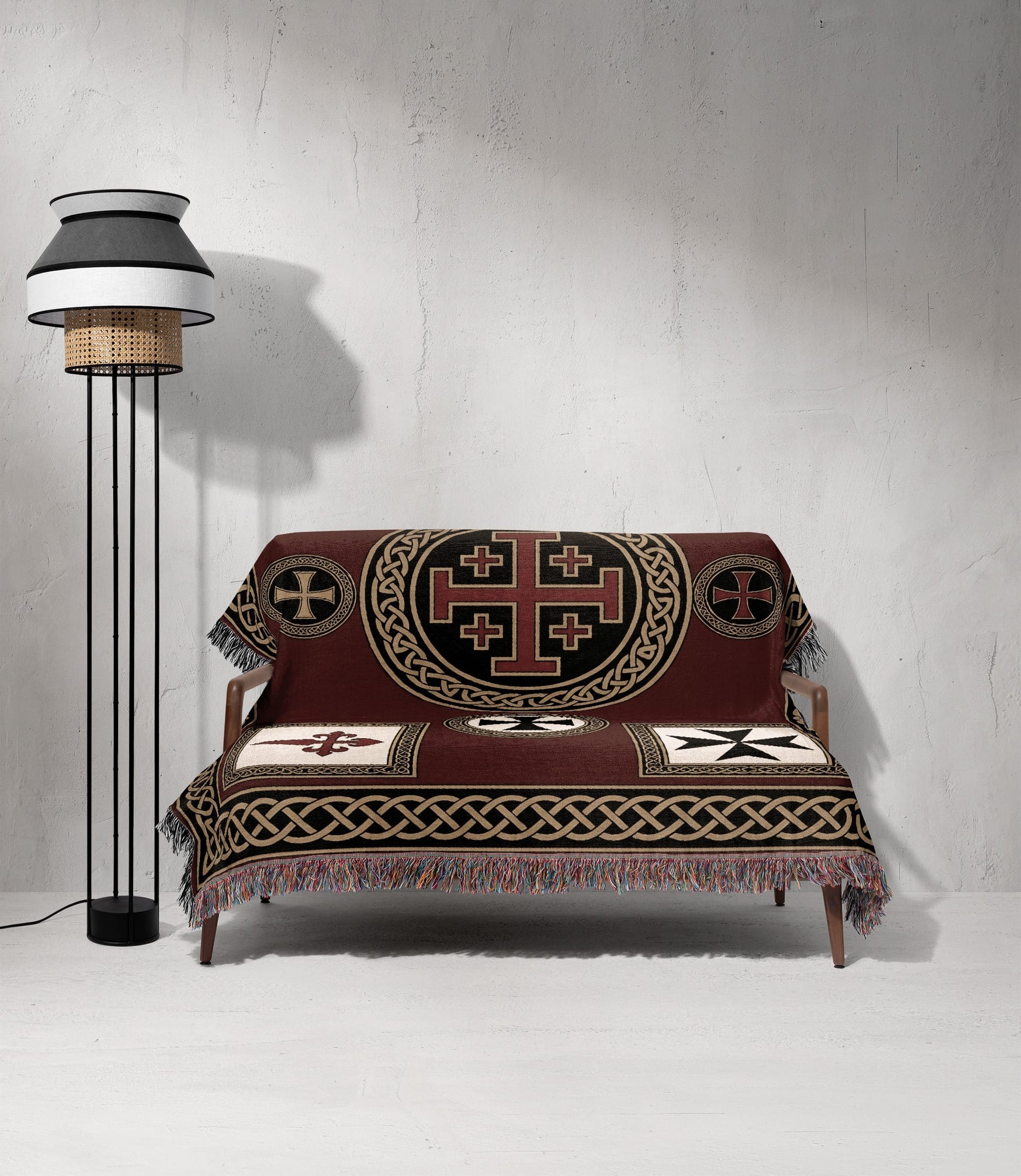 MyDesigns Medieval Tapestry Woven Throw – Burgundy Jerusalem Cross Medallion Blanket jacquard woven blanket