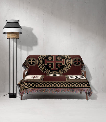 MyDesigns Medieval Tapestry Woven Throw – Burgundy Jerusalem Cross Medallion Blanket jacquard woven blanket