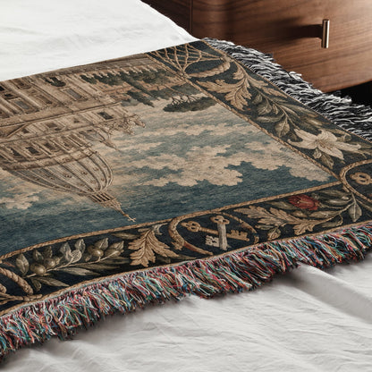 Woven blanket with a classical architectural tapestry design, ornate floral border, and fringed edges on a bed.