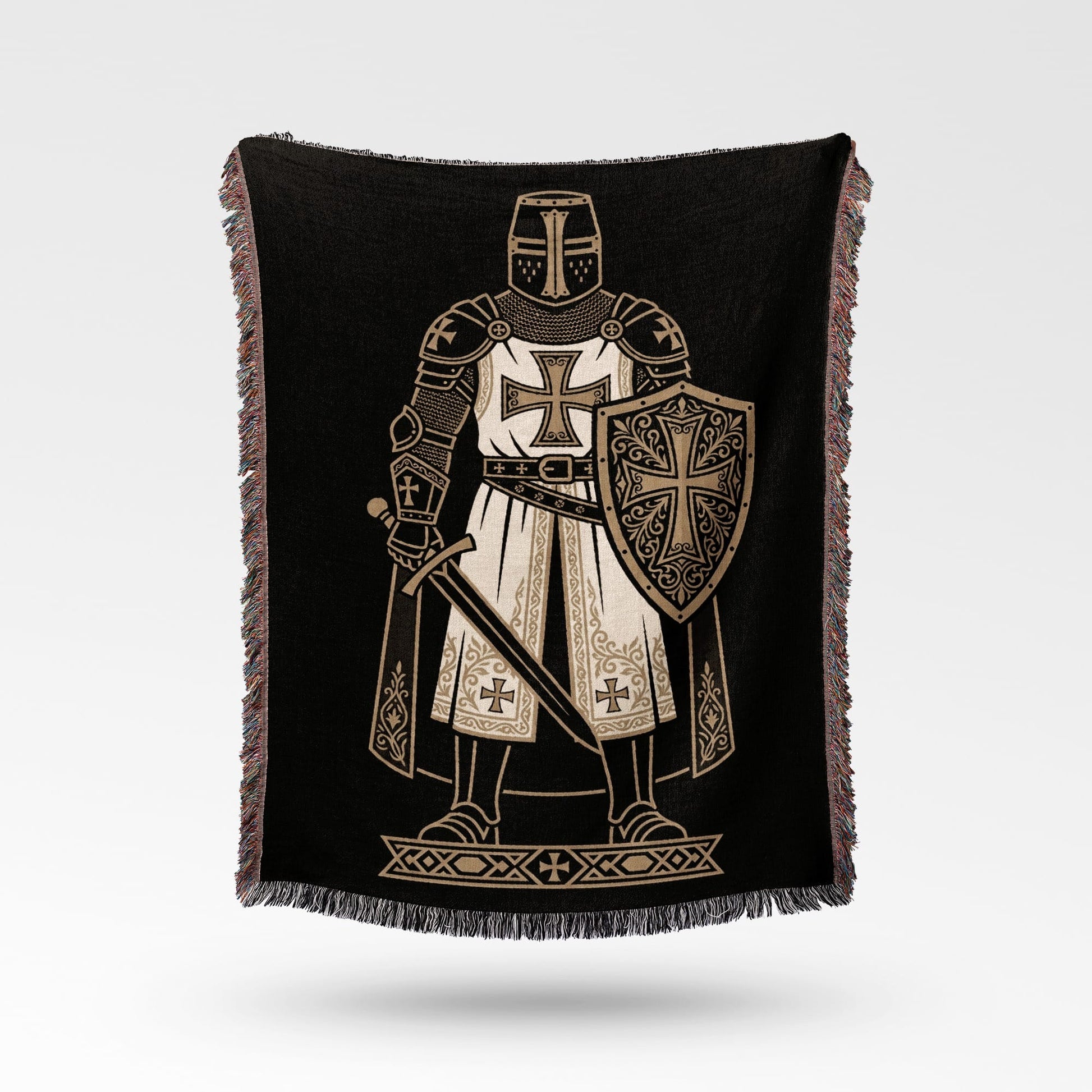 Templar knight with sword and shield design on black throw blanket.
