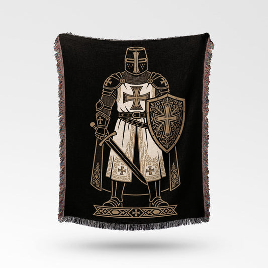 Templar knight with sword and shield design on black throw blanket.