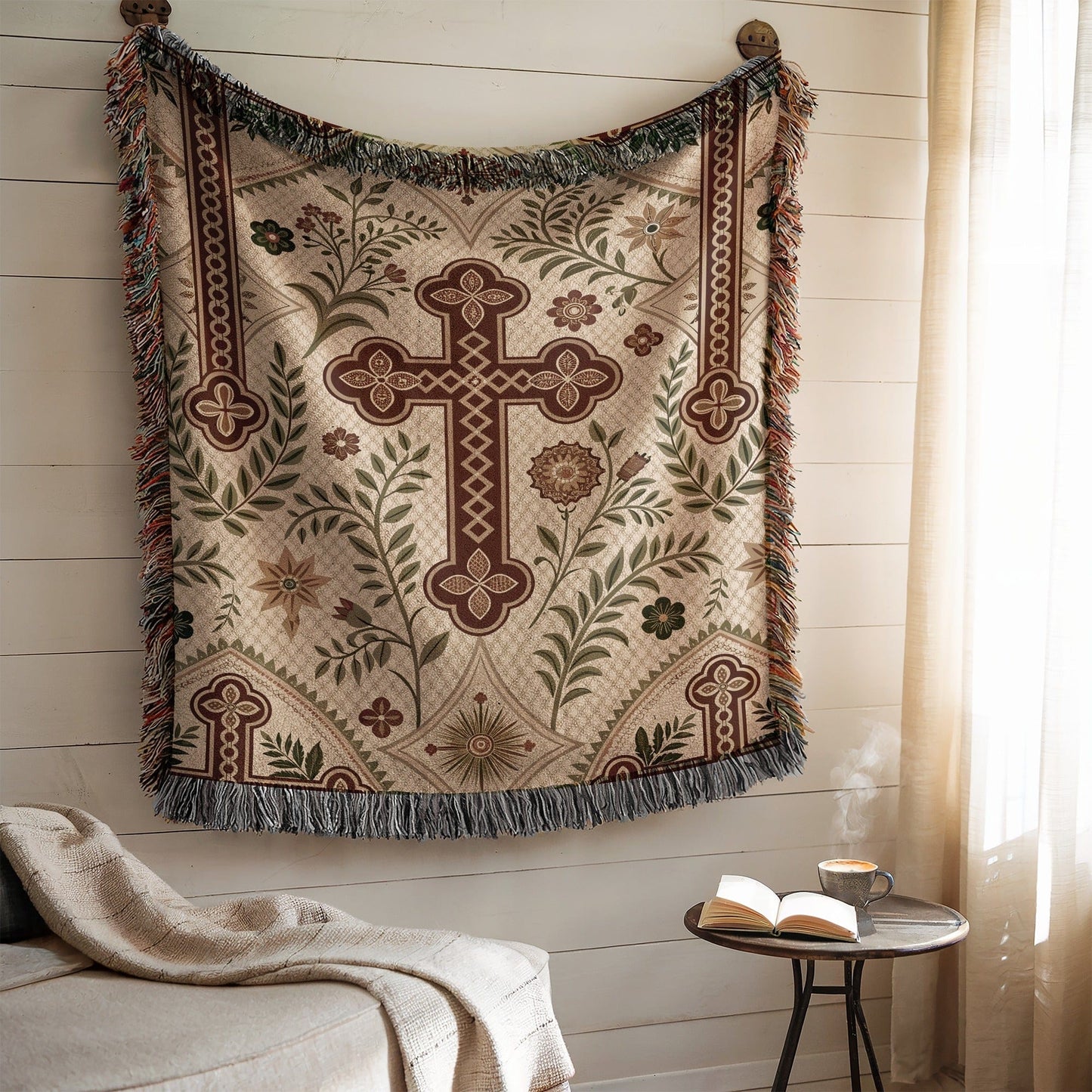 Intricate Cross and Floral Pattern Woven Throw Blanket