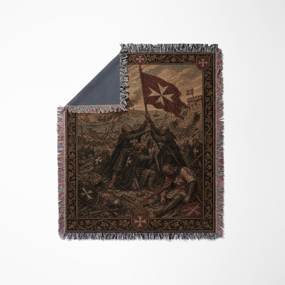Knights Templar flag raised amid battle scene with castle in background.