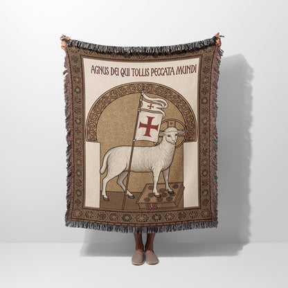 Tapestry blanket with lamb and cross, "AGNUS DEI QUI TOLLIS PECCATA MUNDI".