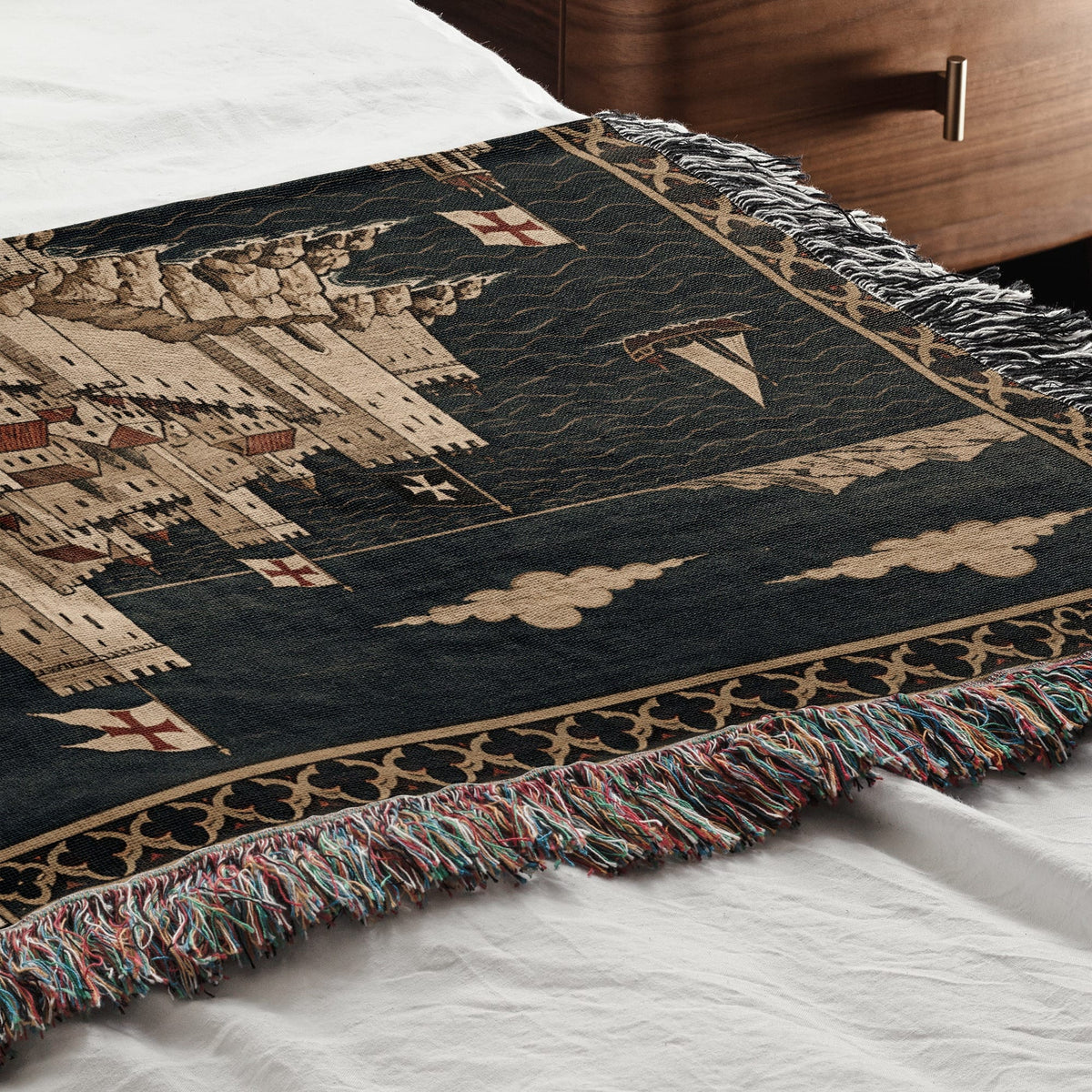 CalmNestStyle Crusader Harbor Siege I Smoke over the City jacquard woven blanket