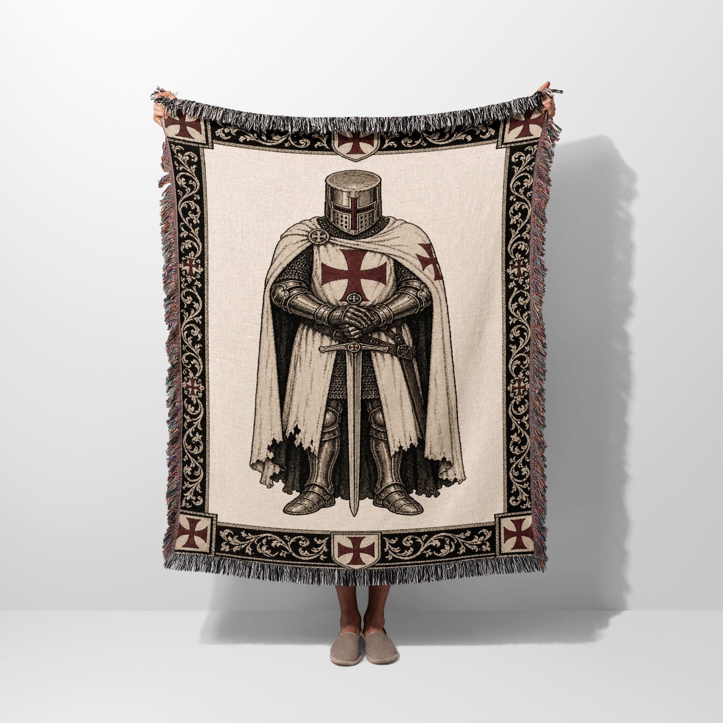 Tapestry throw blanket with medieval knight in armor.