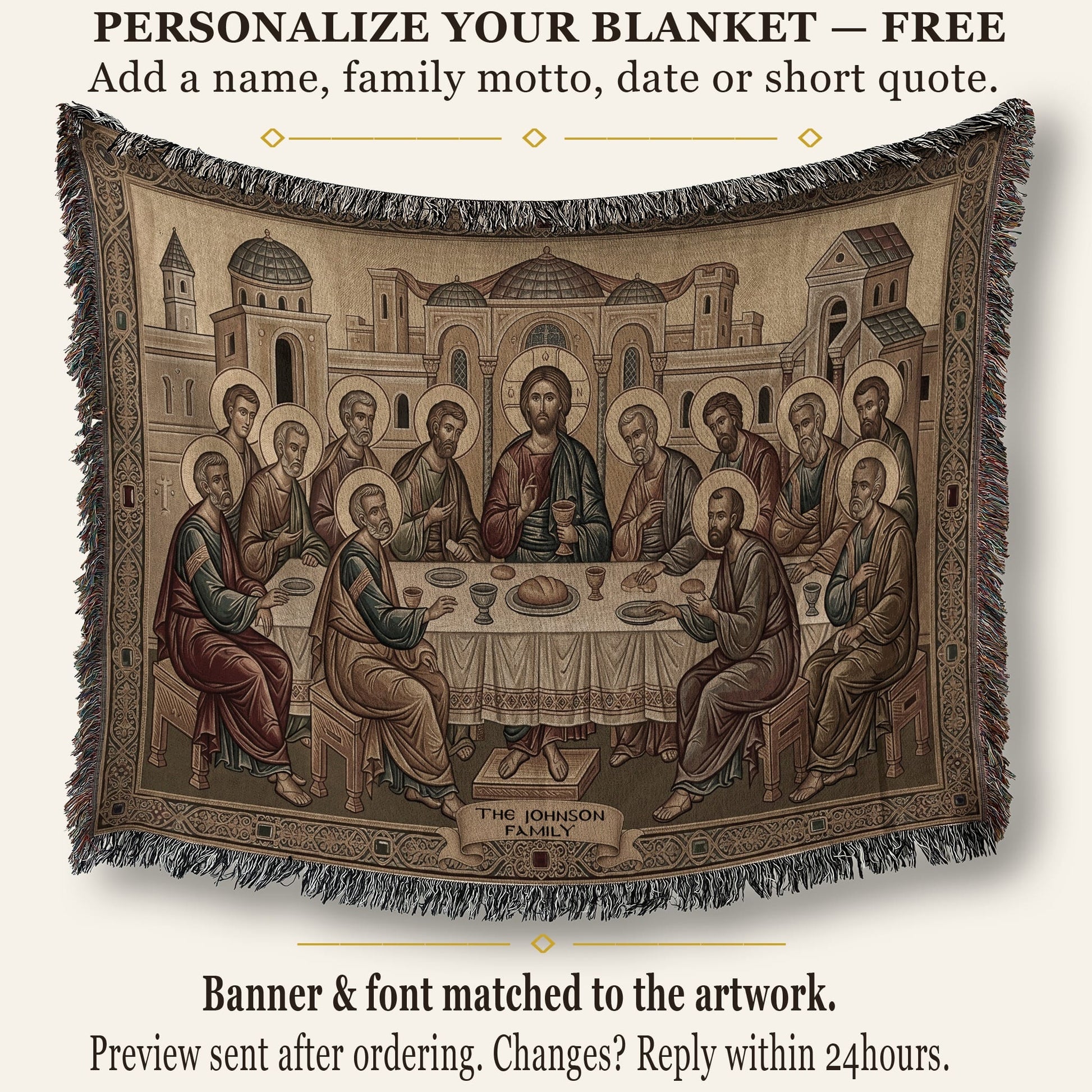 MyDesigns Cream Gold Last Supper Landscape Tapestry - Byzantine Icon jacquard woven blanket