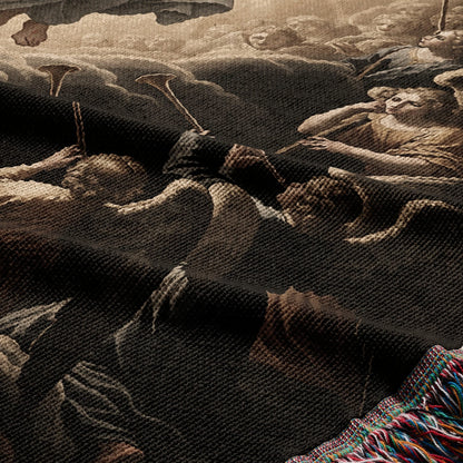 Tapestry depicting a scene with figures, trumpets, and colorful fringed edges.