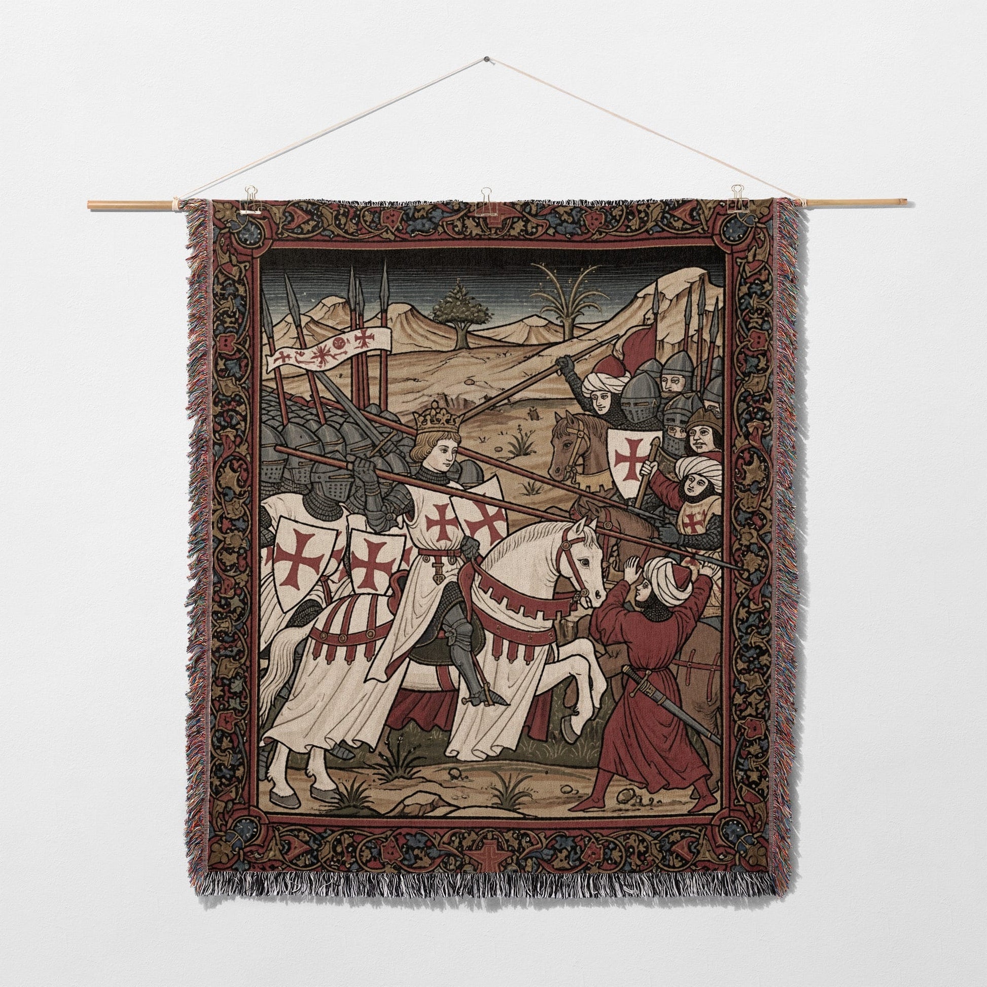 Medieval tapestry depicting a knightly battle with Crusaders on horseback.