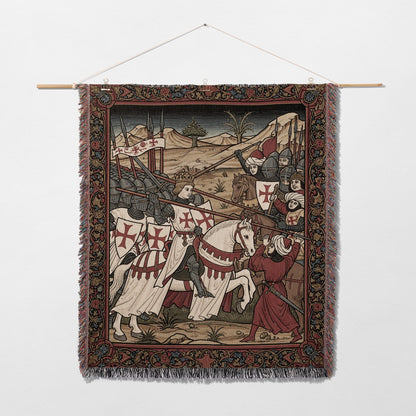 Medieval tapestry depicting a knightly battle with Crusaders on horseback.