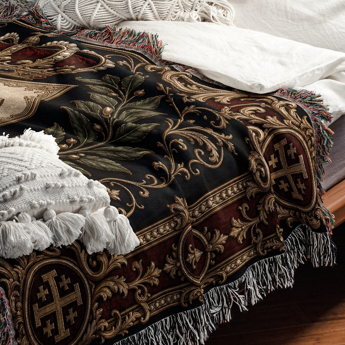 CalmNestStyle Order of Jerusalem Crest I Crimson Border jacquard woven blanket