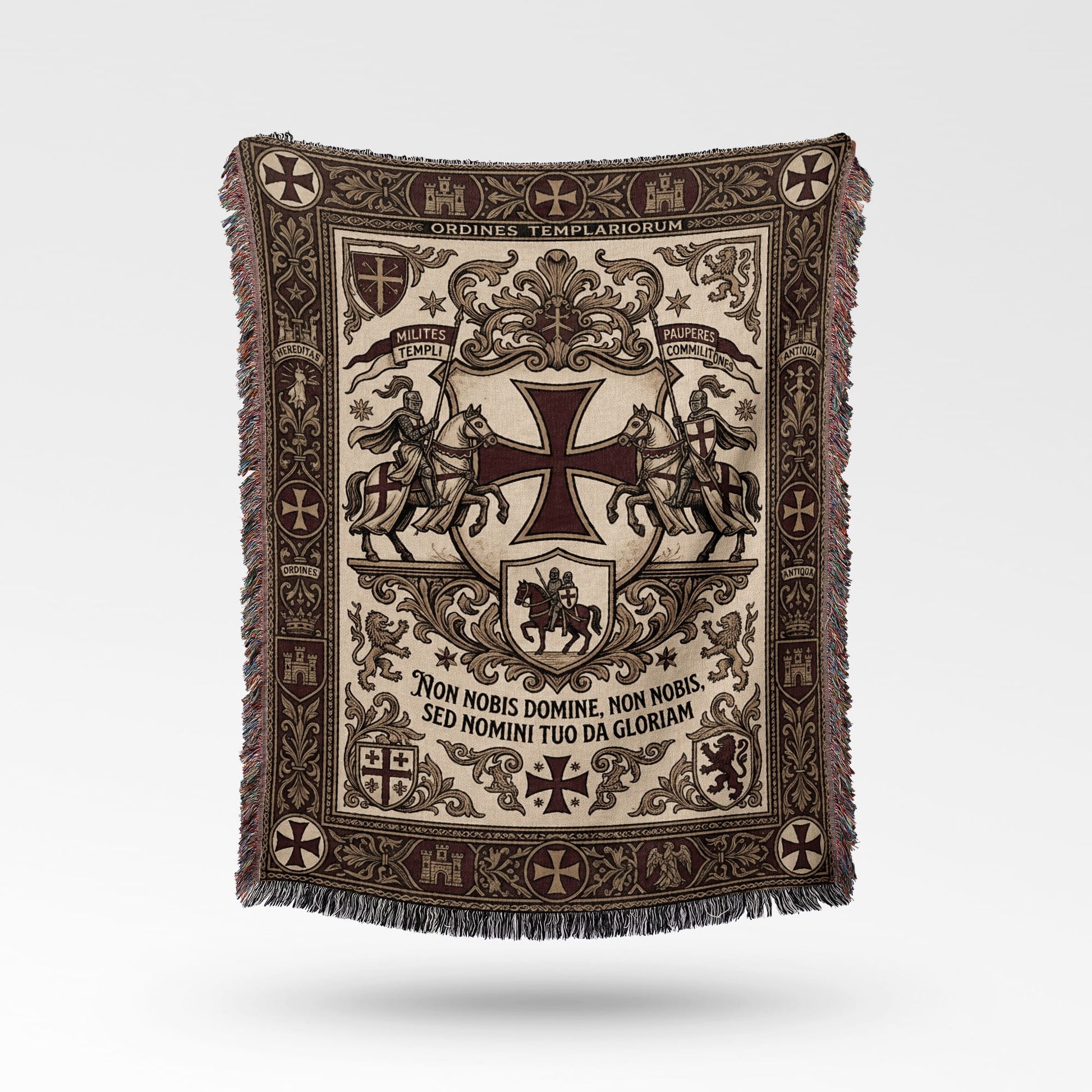 Tapestry with Templar crest, knights on horseback, lions, and Latin text "Non Nobis Domine".