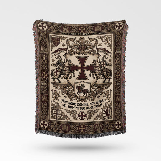 Tapestry with Templar crest, knights on horseback, lions, and Latin text "Non Nobis Domine".