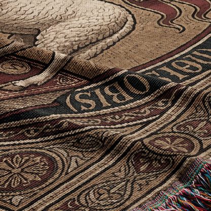 Tapestry detail with "NIGHT" in ornate lettering and fringed edge.