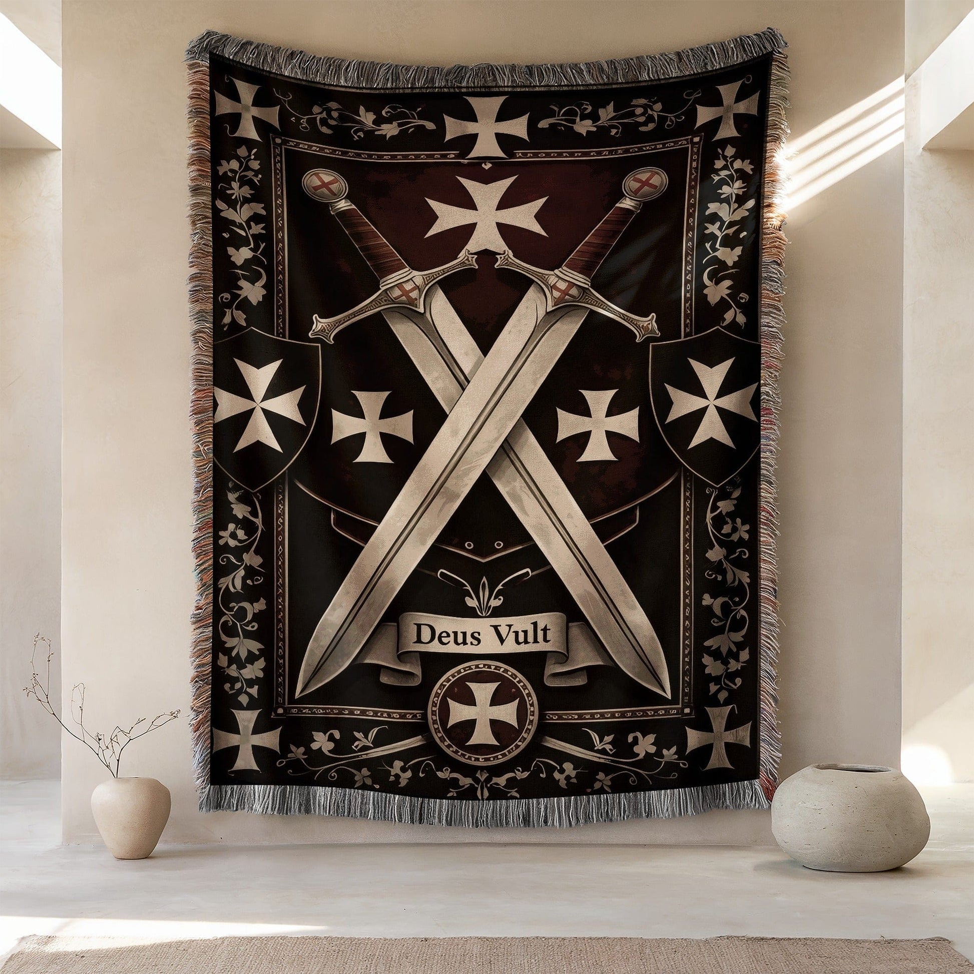 Medieval Templar Sword and Cross Design Wall Tapestry