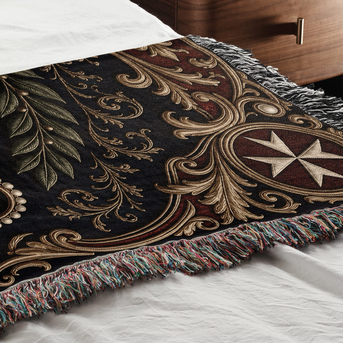 CalmNestStyle Order of Malta Crowned Crest Navy Laurel Woven Blanket jacquard woven blanket