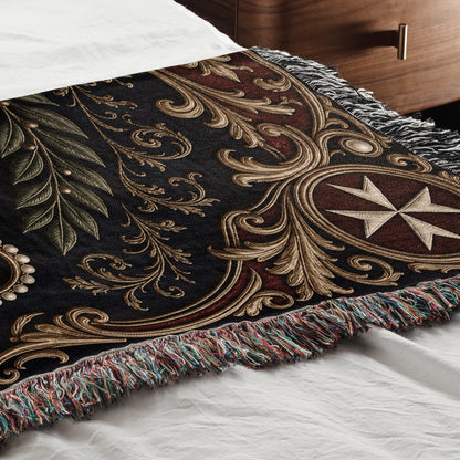 CalmNestStyle Order of Malta Crowned Crest Navy Laurel Woven Blanket jacquard woven blanket