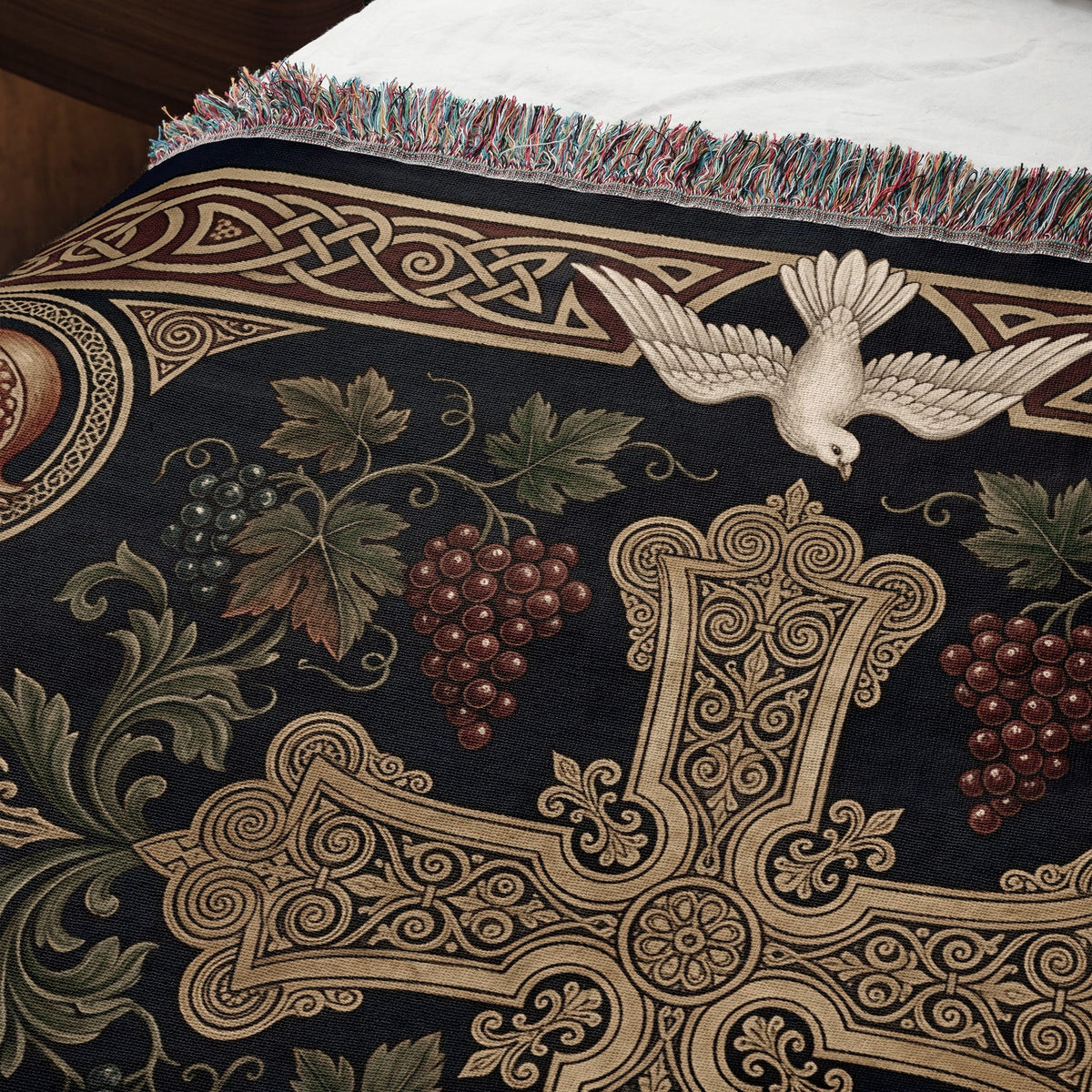 CalmNestStyle Cross with Vine and Celtic Knots jacquard woven blanket