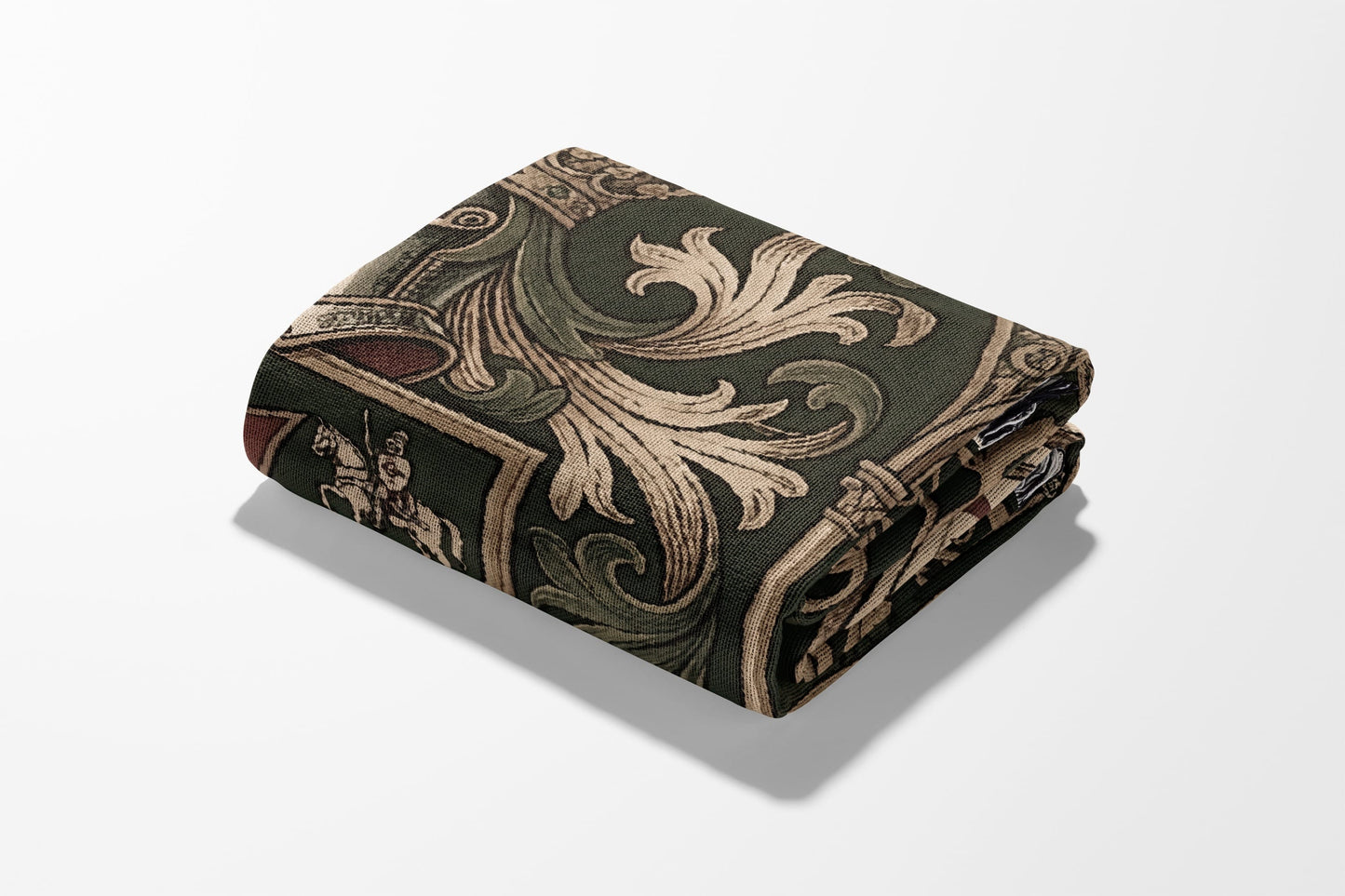 Folded fabric with a dark green base and ornate scrolling gold and brown medieval pattern.