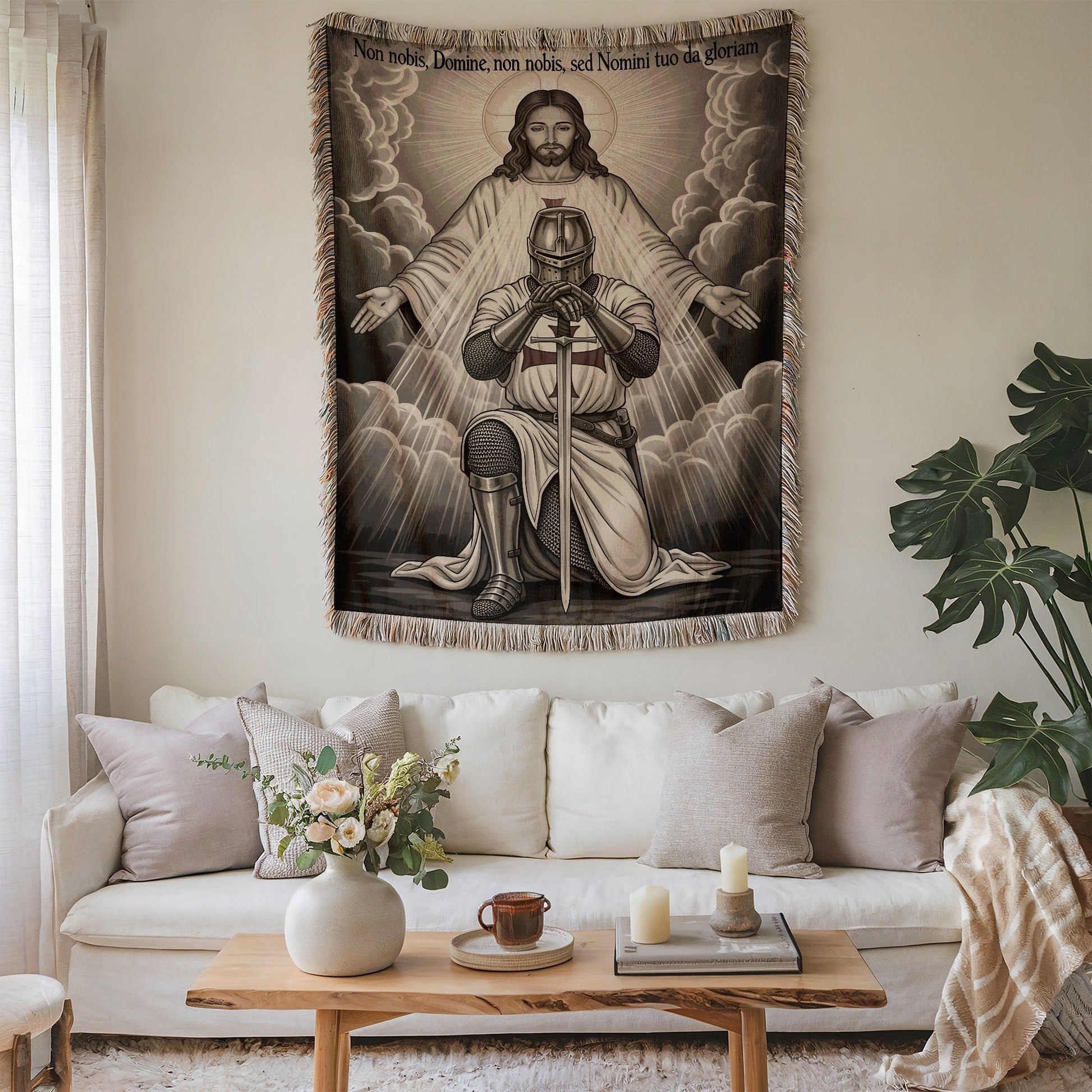 Knight Praying Before Jesus Woven Wall Hanging Decor