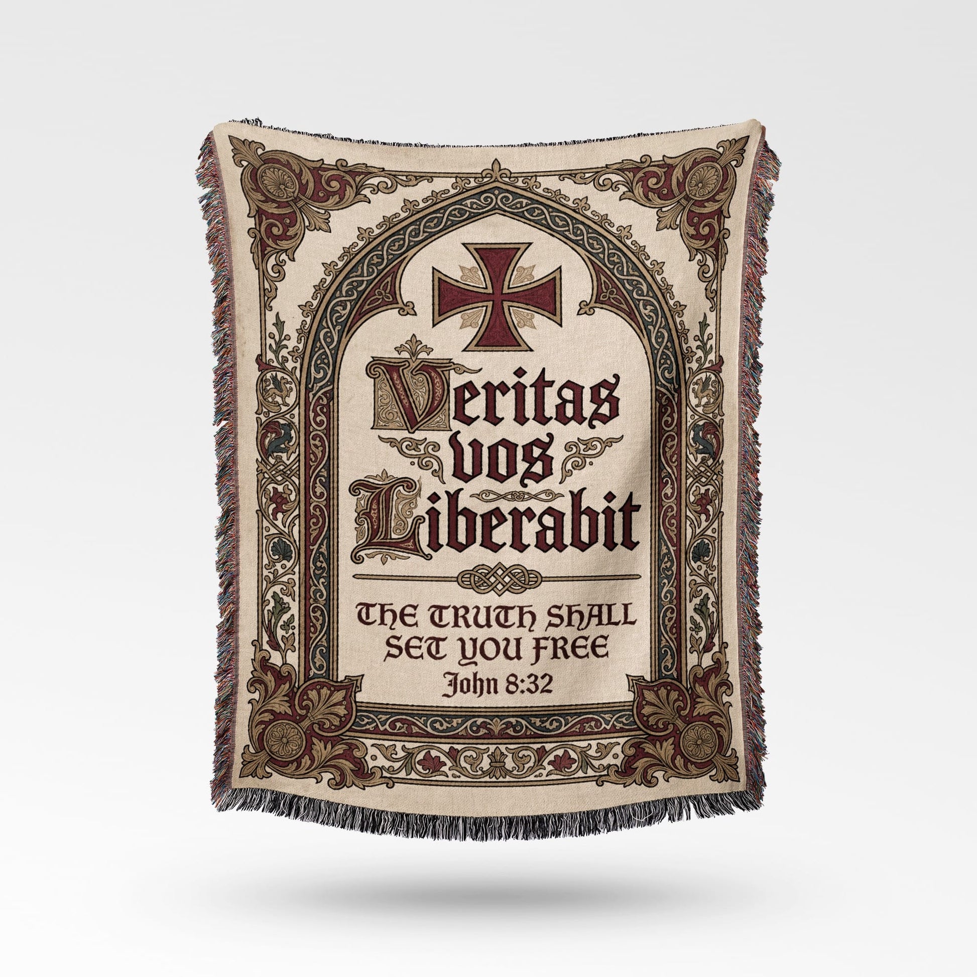 Religious tapestry with "Veritas vos Liberabit" and "The Truth Shall Set You Free" John 8:32.