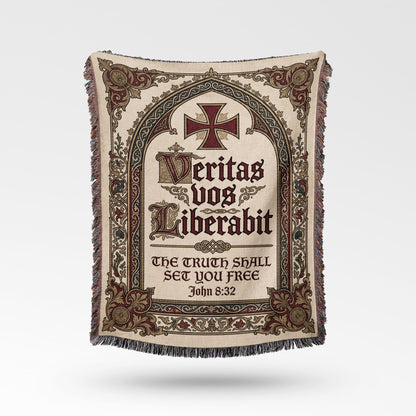 Religious tapestry with "Veritas vos Liberabit" and "The Truth Shall Set You Free" John 8:32.
