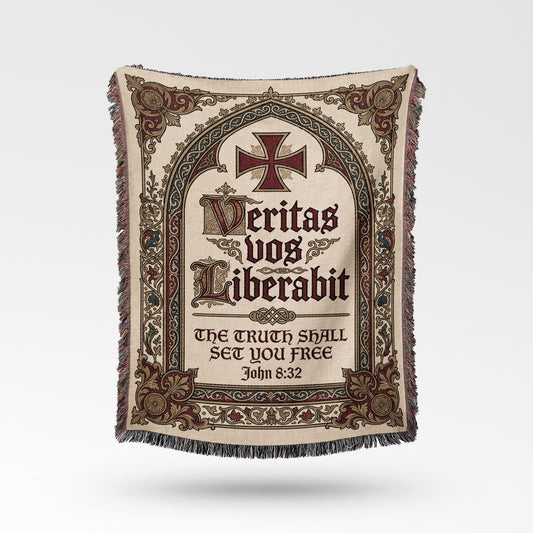 Religious tapestry with "Veritas vos Liberabit" and "The Truth Shall Set You Free" John 8:32.