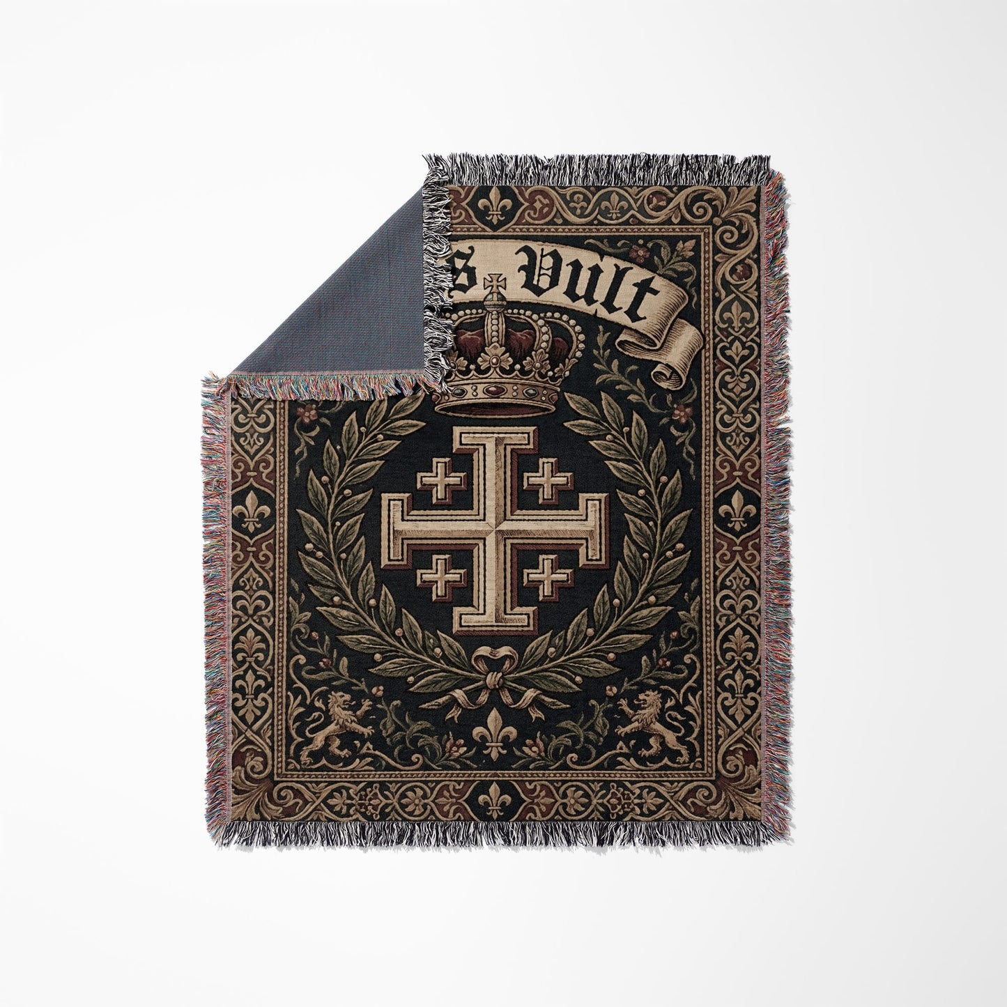 Tapestry blanket with crown, cross, lions, and text "S Dult" on dark background.