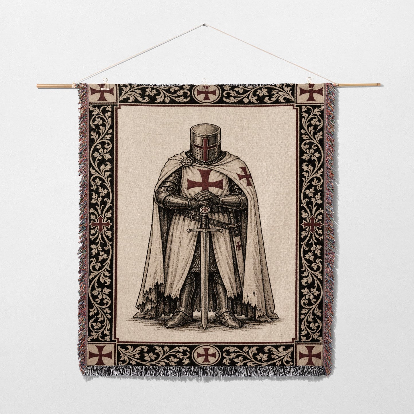 Templar knight tapestry with sword and shield, framed by ornate border.