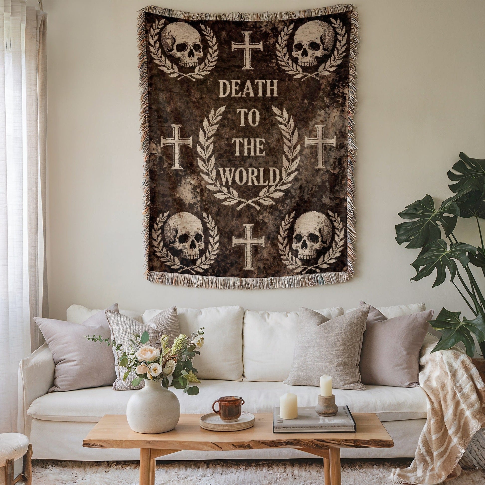 Death to the World skull and cross decor blanket