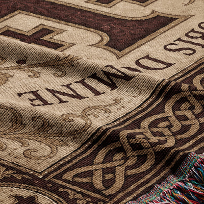 MyDesigns Medieval Tapestry Blanket – Non Nobis Domine Jerusalem Cross Woven Throw, Parchment Gold jacquard woven blanket