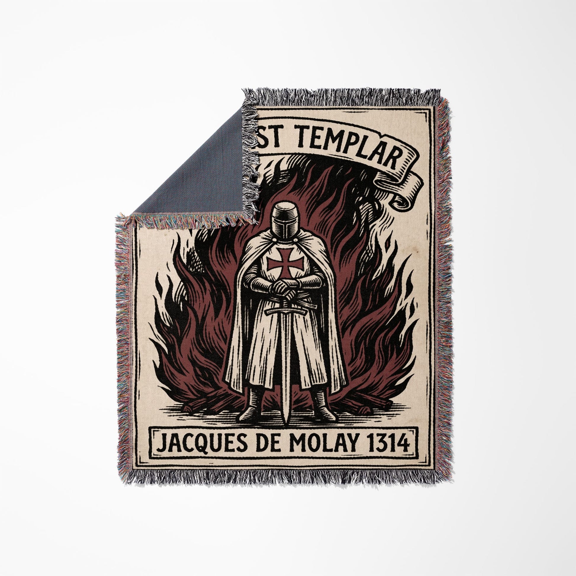 Knight Templar on a fiery background with "ST TEMPLAR JACQUES DE MOLAY 1314" text.