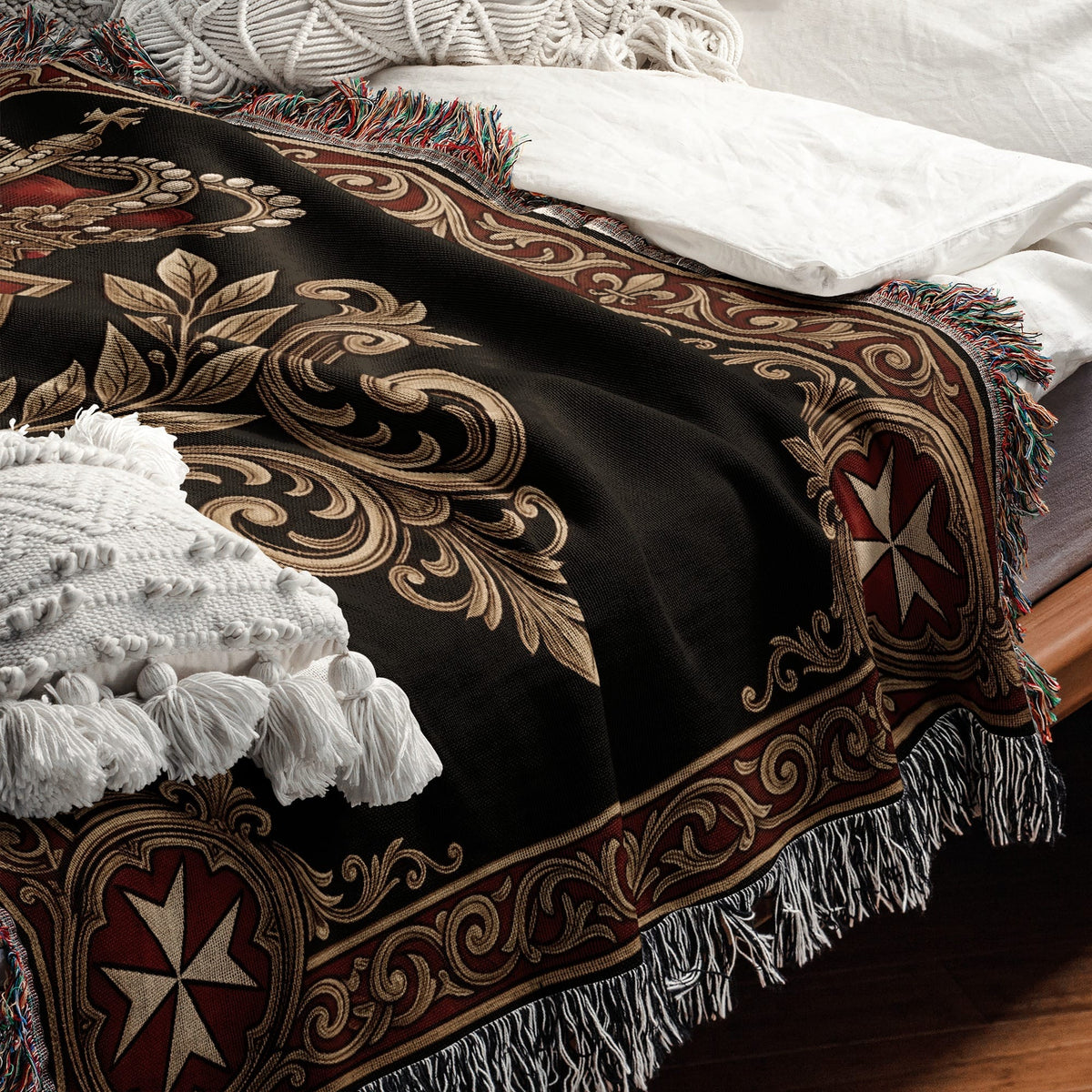 CalmNestStyle Order of Malta Crowned Crest Gold Scroll Woven Blanket jacquard woven blanket