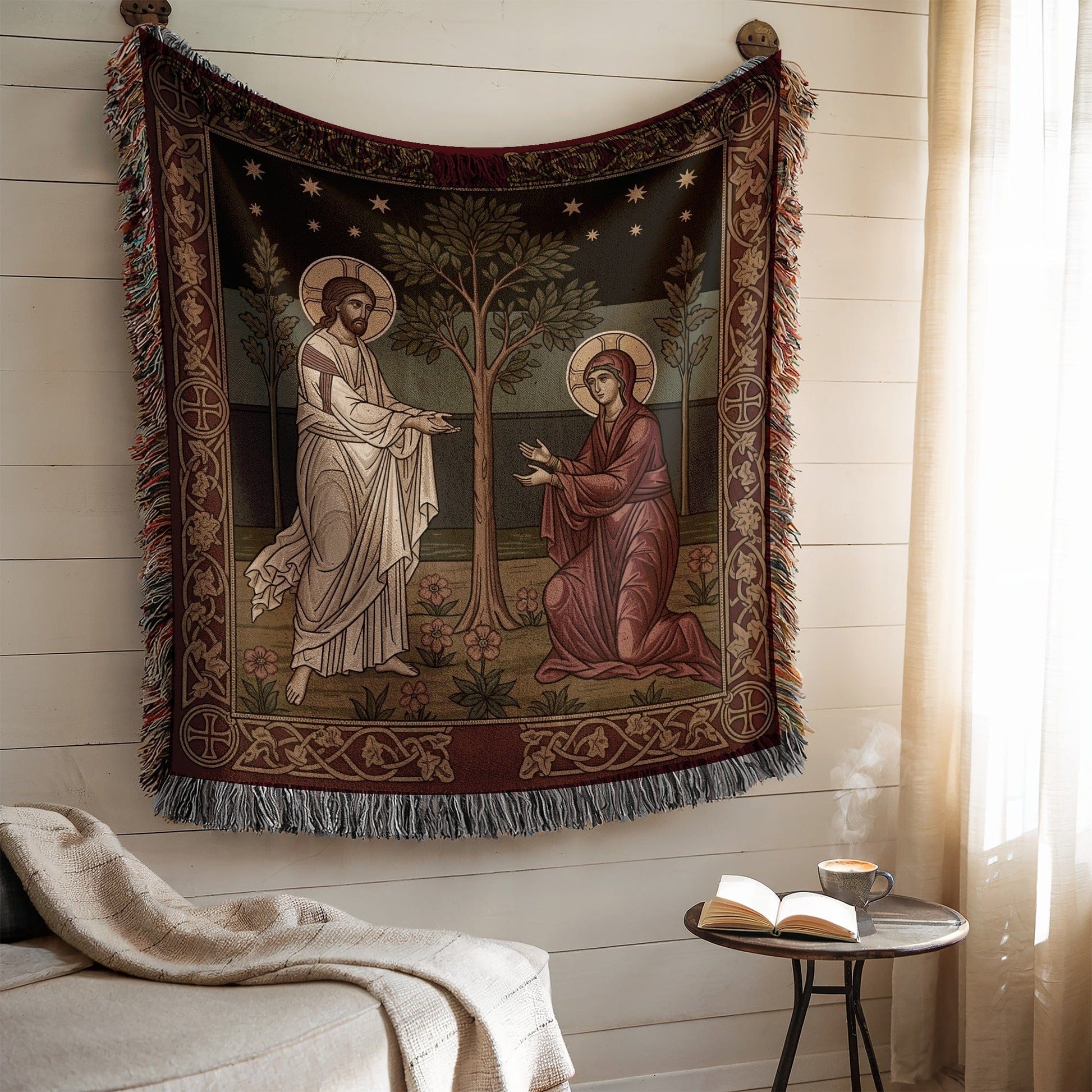 Religious Icon Tapestry with Fringe Blanket