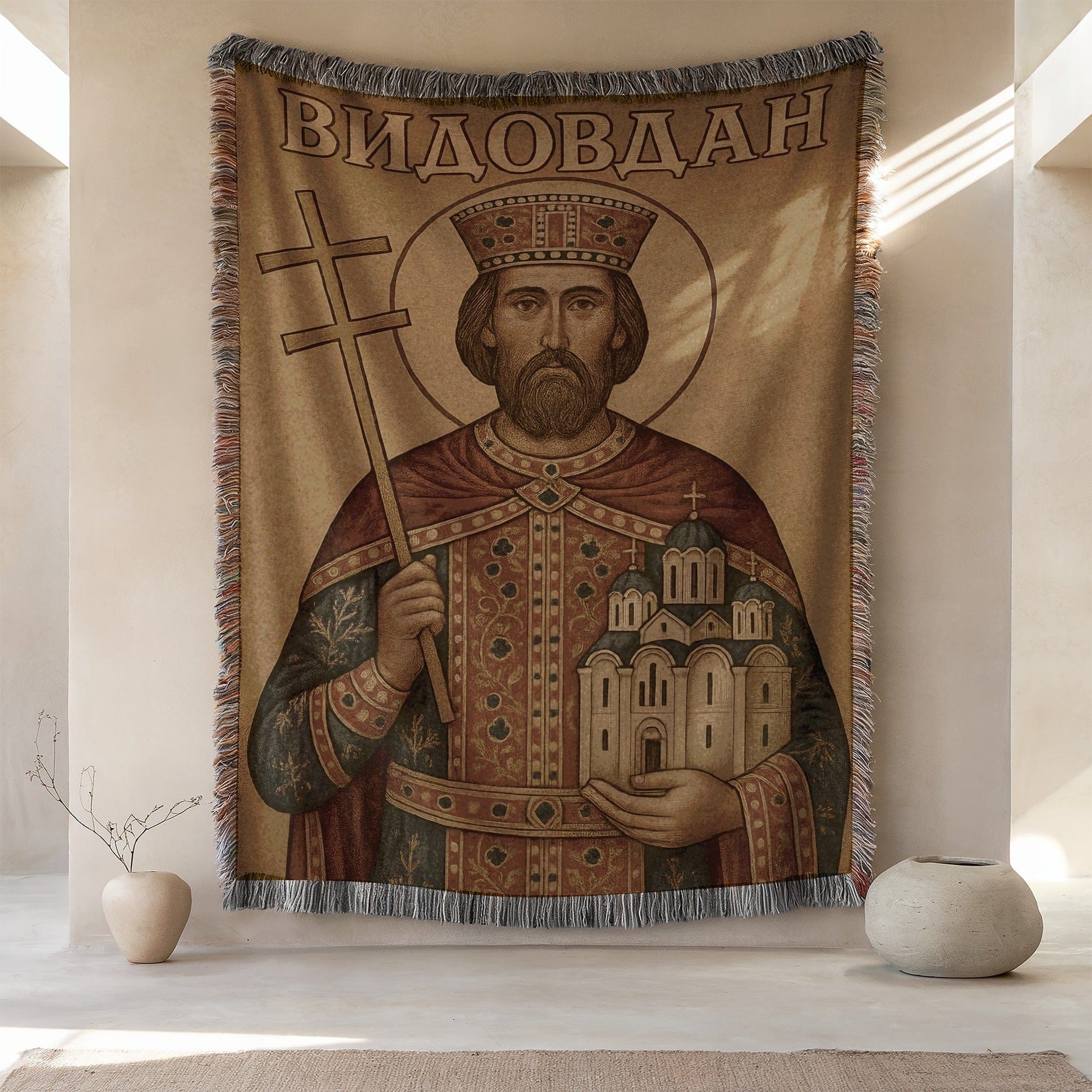 Ancient Saint Holding Cross and Church Tapestry Product