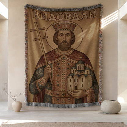 Ancient Saint Holding Cross and Church Tapestry Product