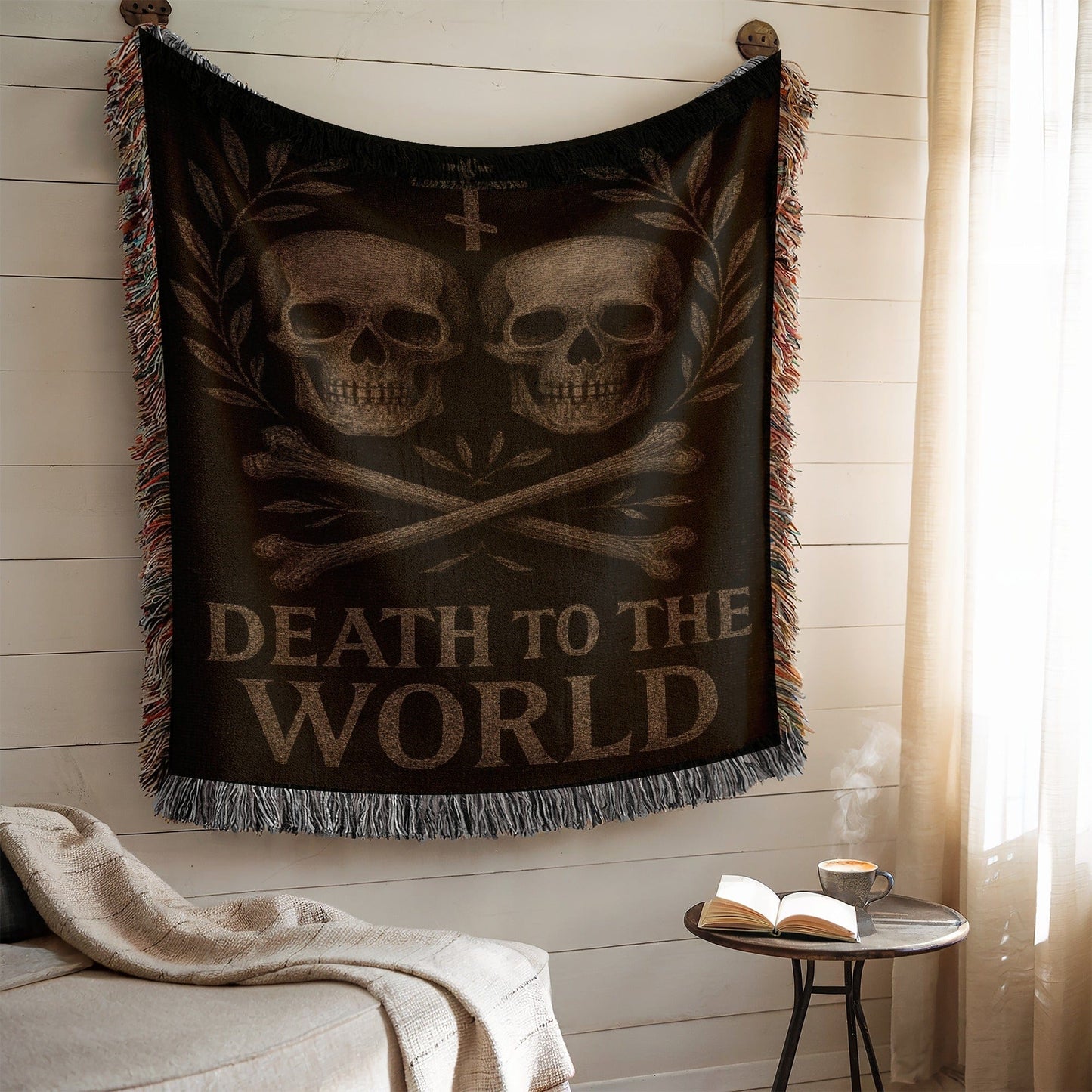 Death To The World Skull And Crossbones Tapestry