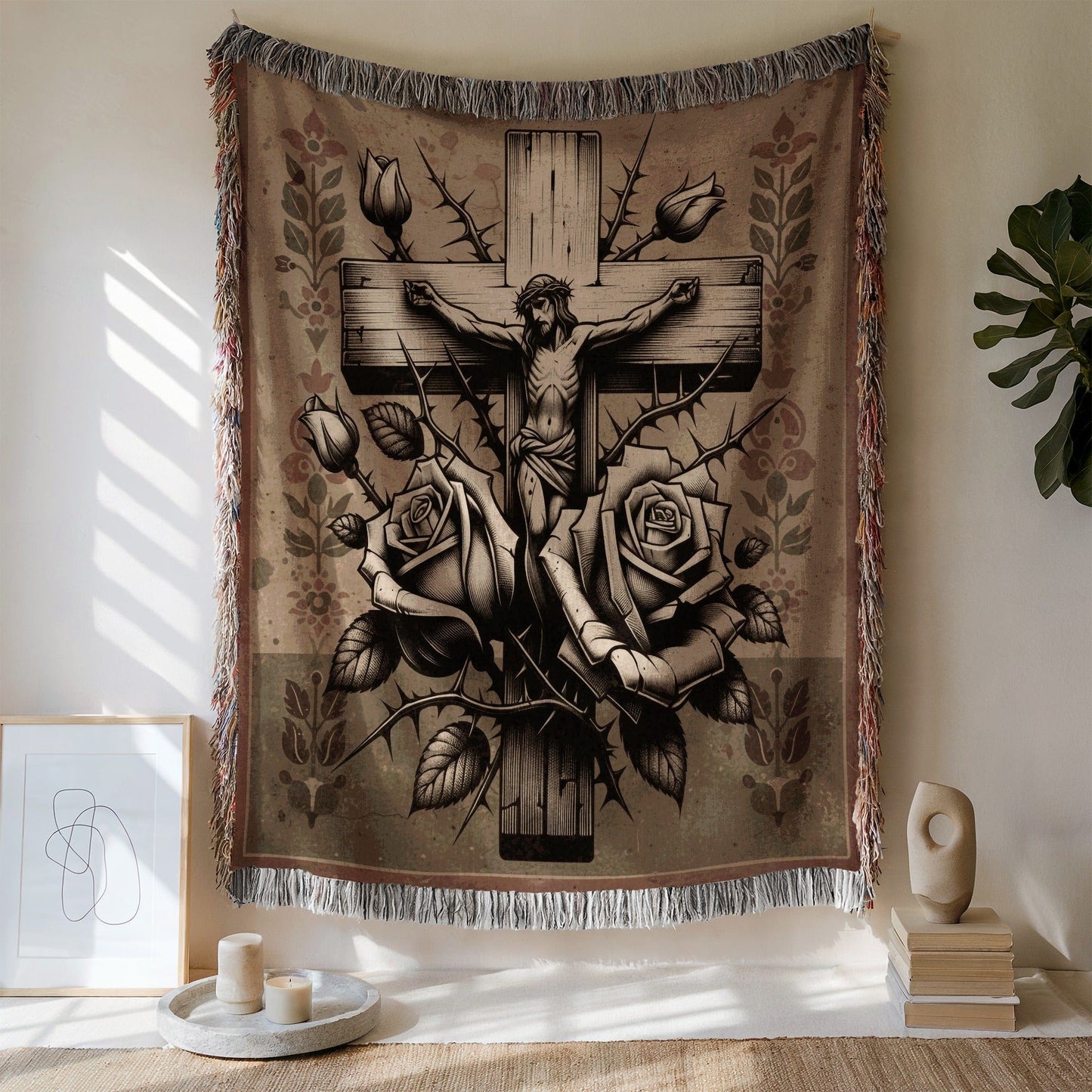Crucifixion Scene with Roses Tapestry Wall Art Decoration
