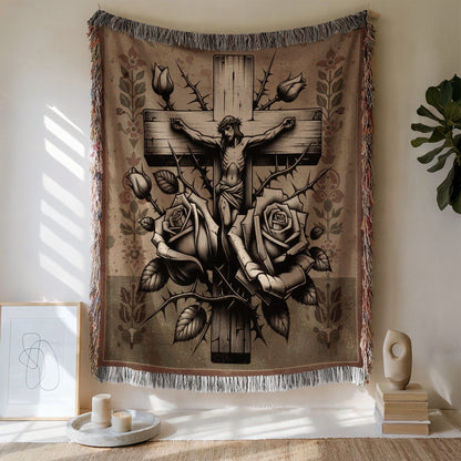 Crucifixion Scene with Roses Tapestry Wall Art Decoration