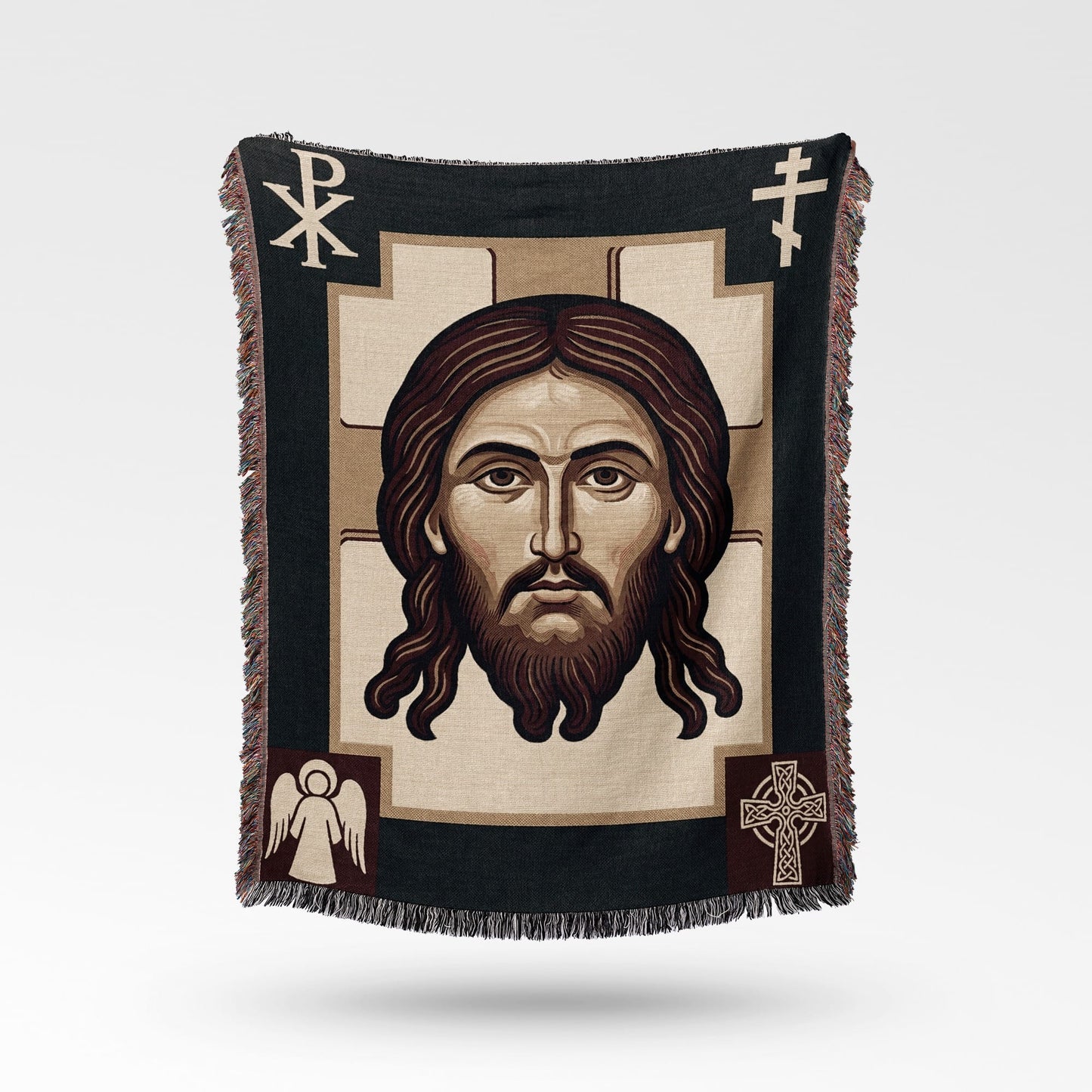 Tapestry featuring a portrait of Jesus Christ with ornate borders and Christian symbols.