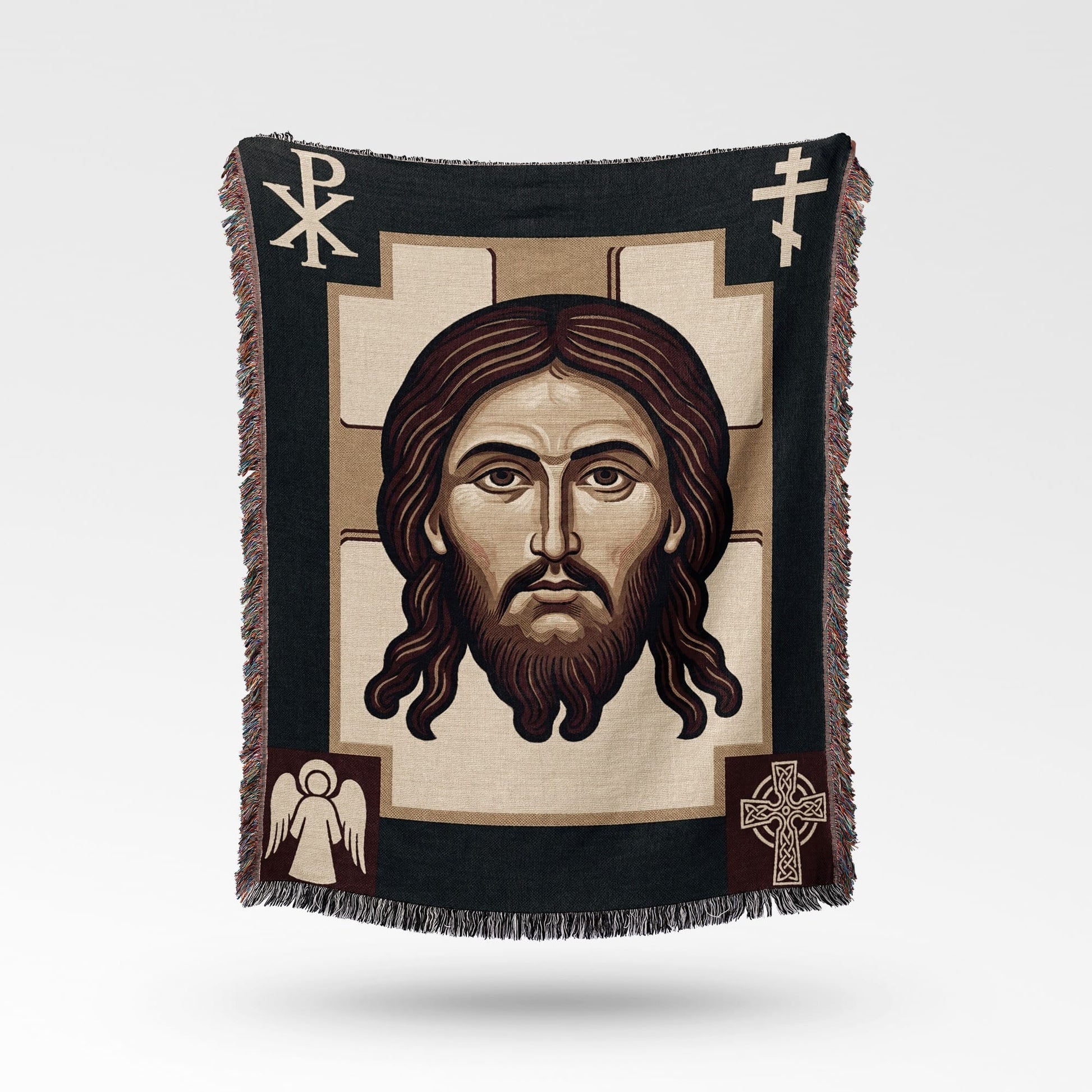 Tapestry featuring a portrait of Jesus Christ with ornate borders and Christian symbols.