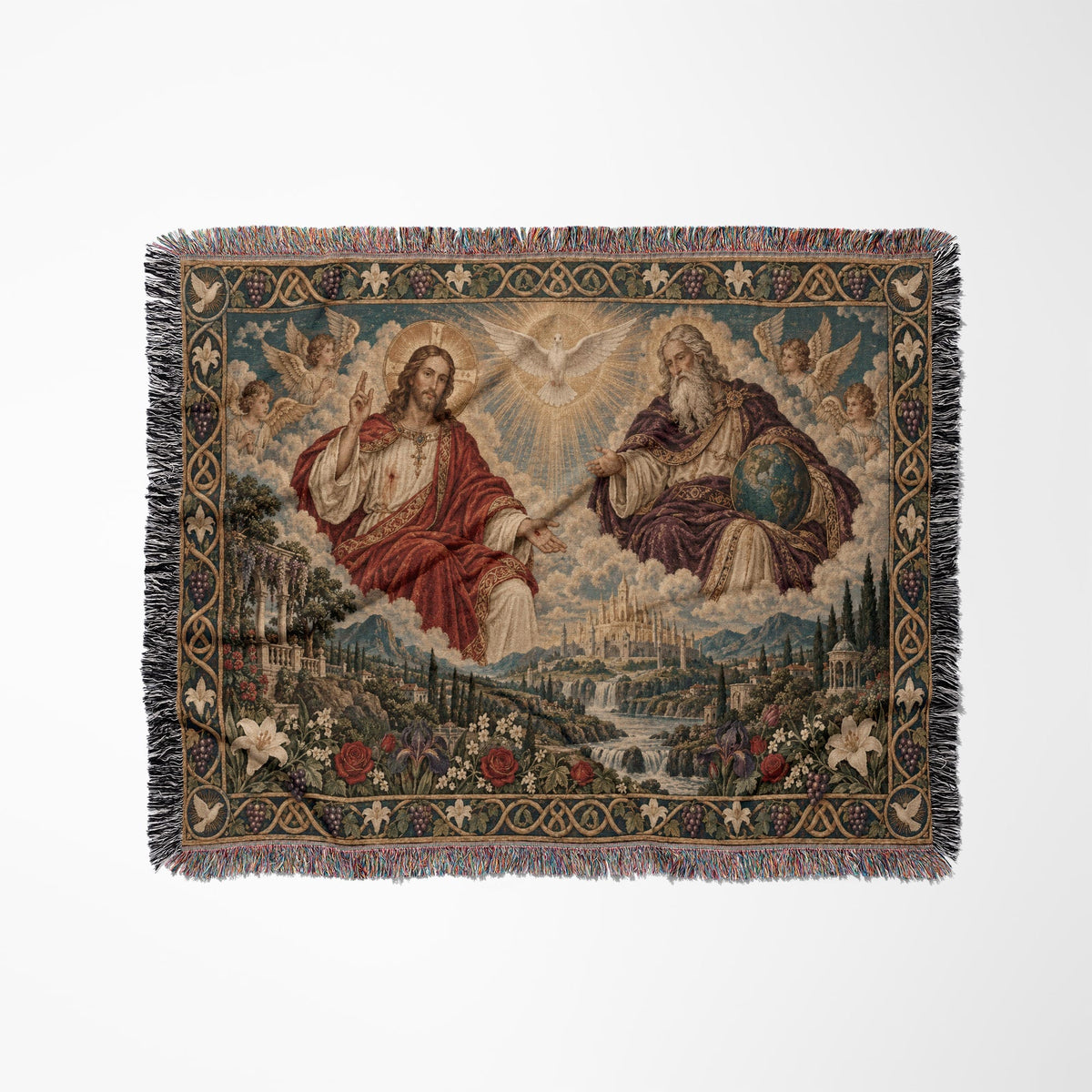 A woven blanket featuring a religious scene with Jesus, God, a dove, angels, and a landscape.