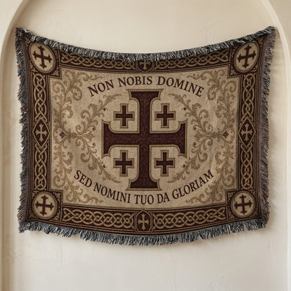 MyDesigns Medieval Tapestry Blanket – Non Nobis Domine Jerusalem Cross Woven Throw, Parchment Gold jacquard woven blanket