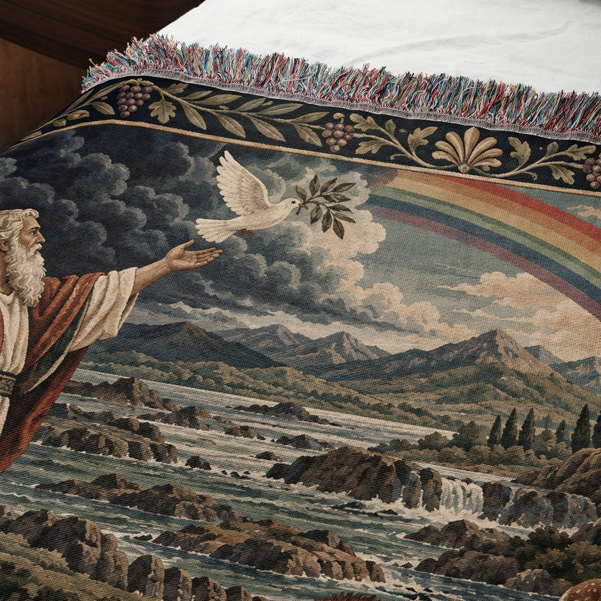 CalmNestStyle Noahs Ark with Rainbow and Dove jacquard woven blanket